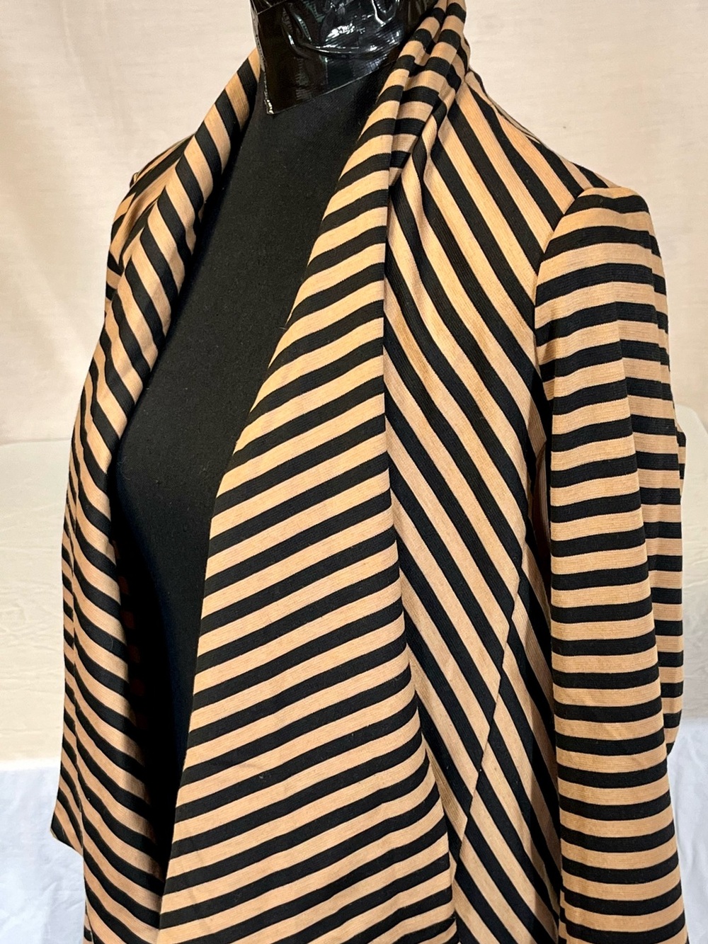 NY Collection Striped Drape Front Blazer Jacket Tan Black Mid Length Casual M